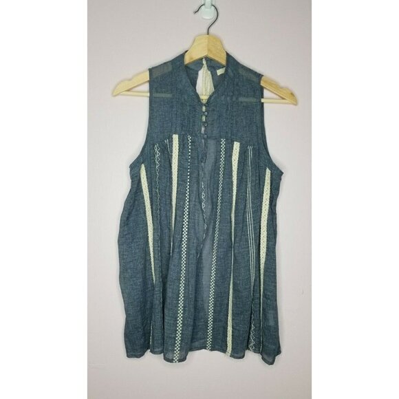 Ryu 100% Cotton Blue Semi Transparent Lace Accent Open Lower Back Blouse Size S - Picture 2 of 12